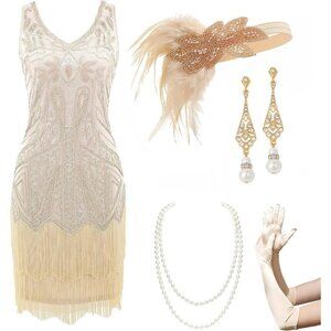 Women’s Beaded Flapper Dress 1920s Gatsby Style with Accessories Medium